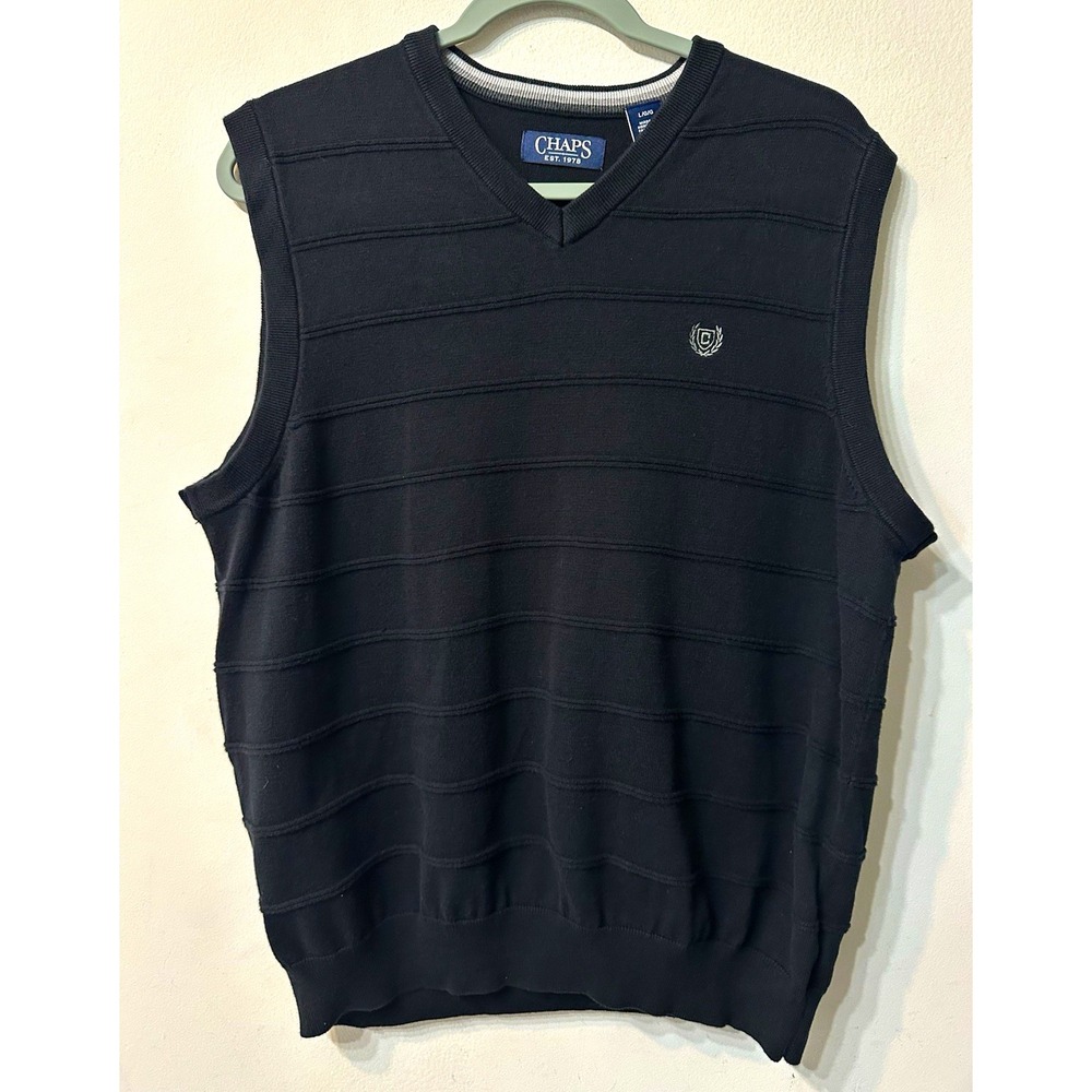 Chaps Mens Large V-Neck Sweater Vest Navy Blue 100% Cotton Textured Crest Logo